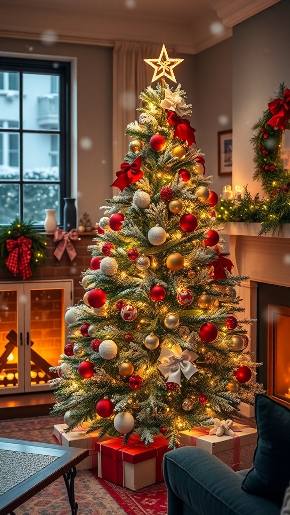 A festive Christmas tree with lights and ornaments in a cozy room with a fireplace and snow outside.
